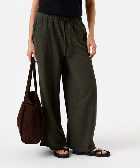 calça wide leg feminina cós elástico texturizada básica verde