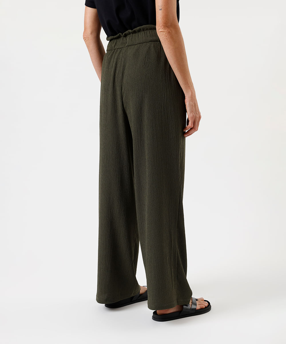 calça wide leg feminina cós elástico texturizada básica verde