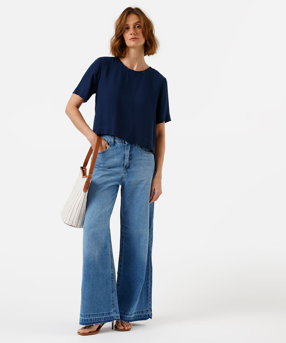 blusa feminina de viscose  manga curta azul