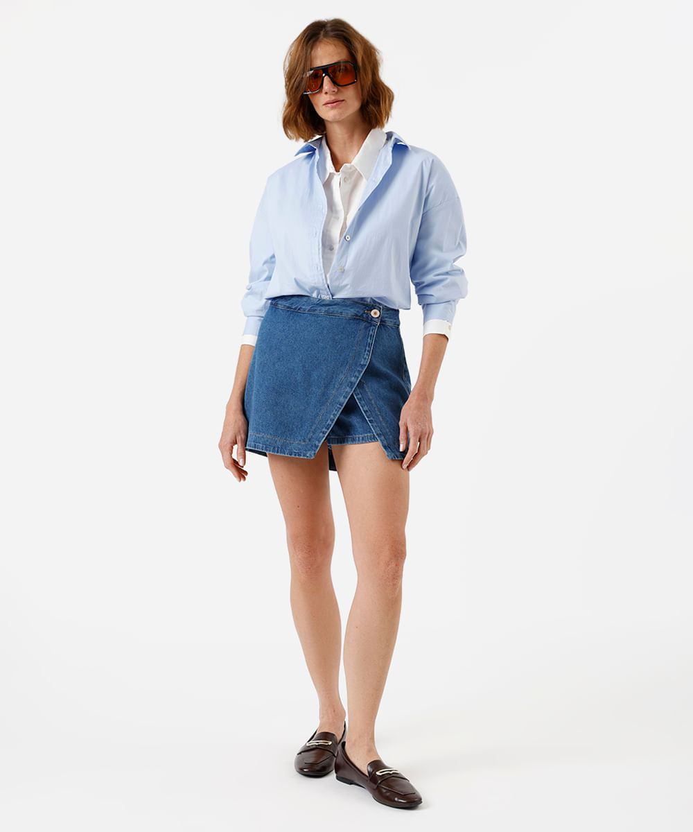 short saia feminino jeans cós deslocado azul