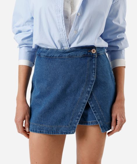 short saia feminino jeans cós deslocado azul