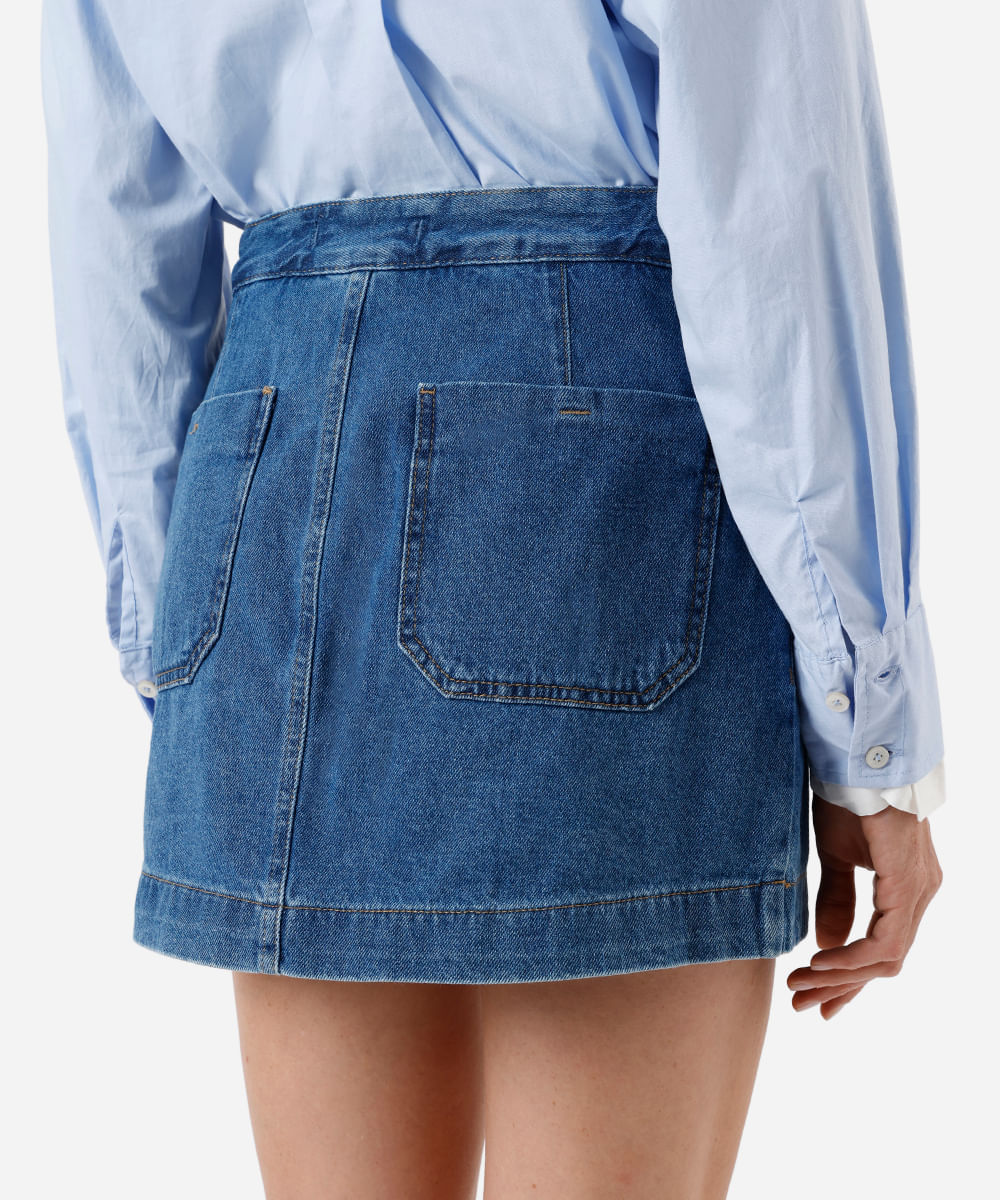 short saia feminino jeans cós deslocado azul