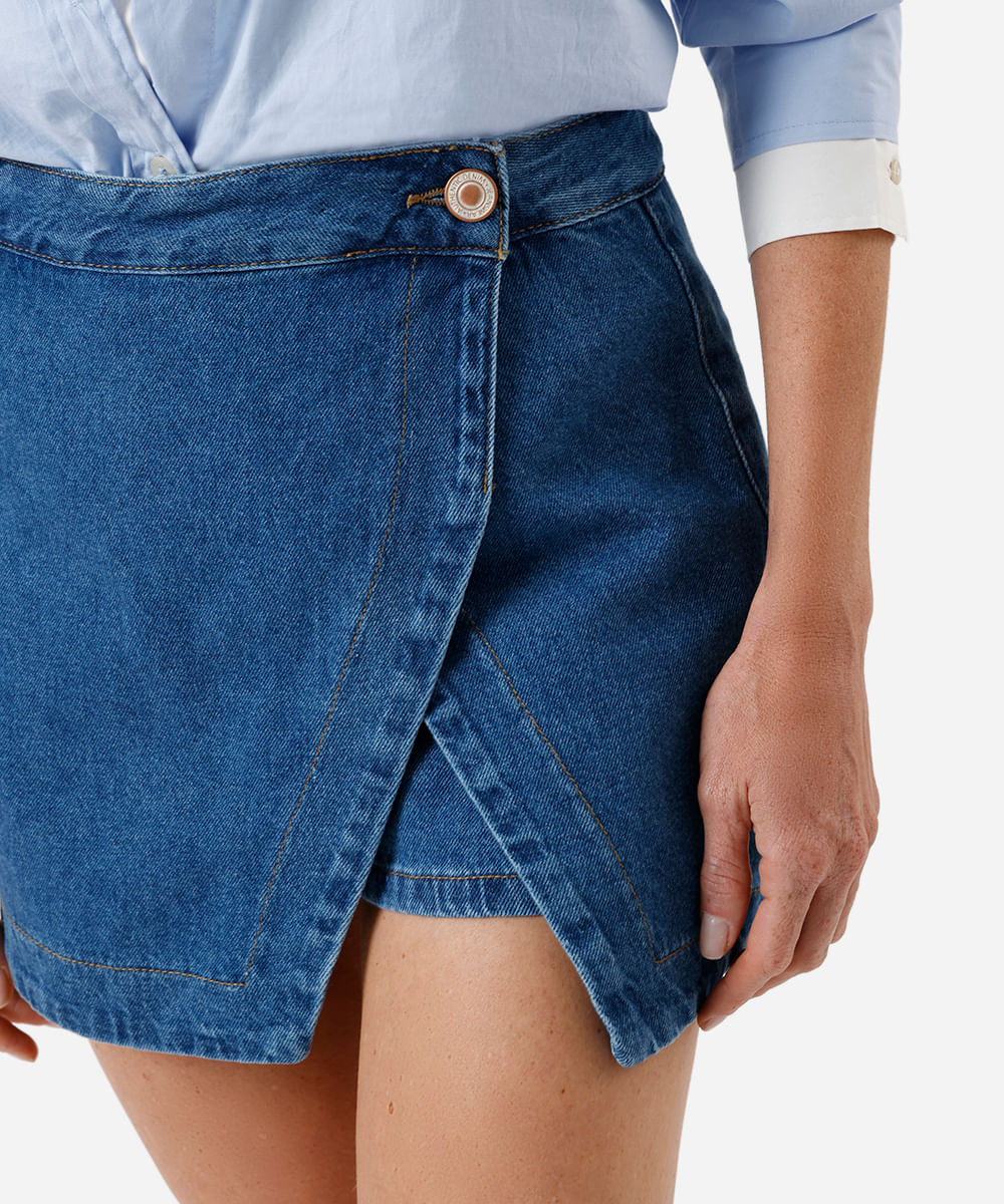 short saia feminino jeans cós deslocado azul