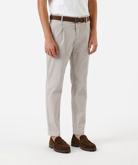 calça reta masculina de sarja com pregas bege