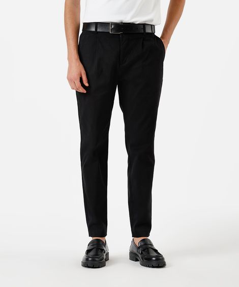 calça reta masculina de sarja com pregas preta