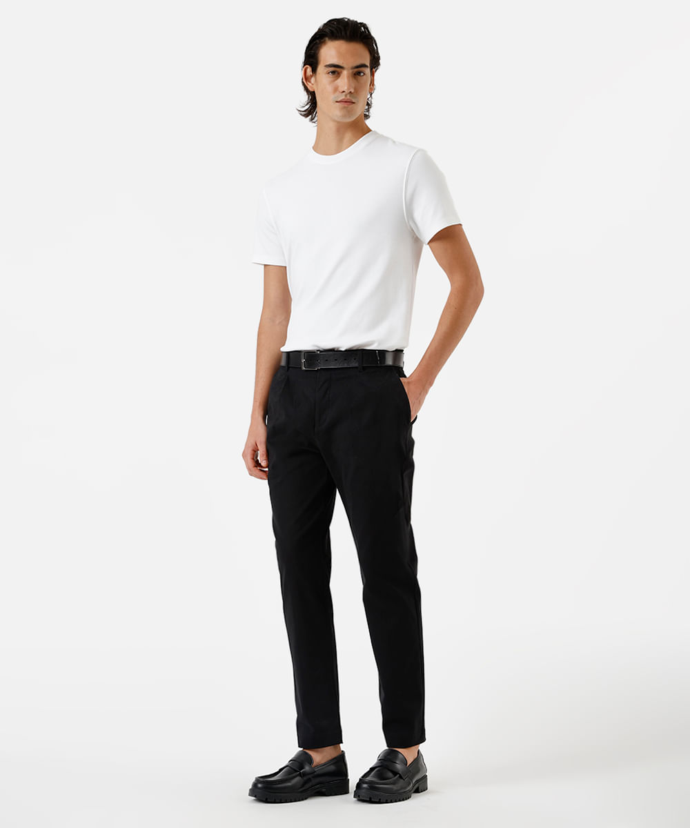 calça reta masculina de sarja com pregas preta