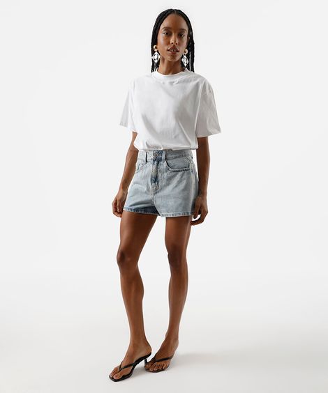 short feminino jeans cintura alta com brilhos azul