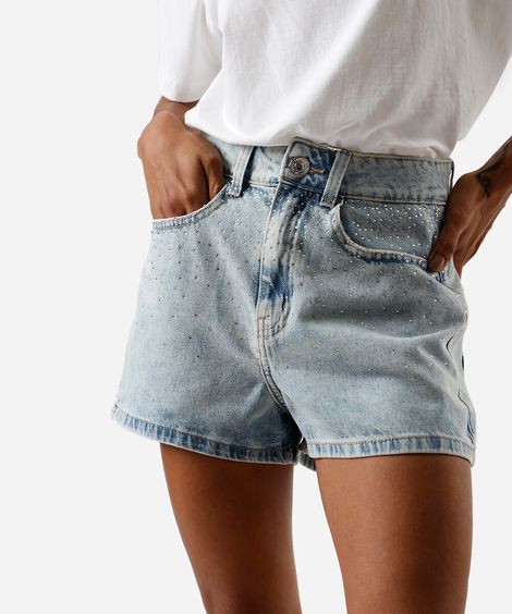 short feminino jeans cintura alta com brilhos azul