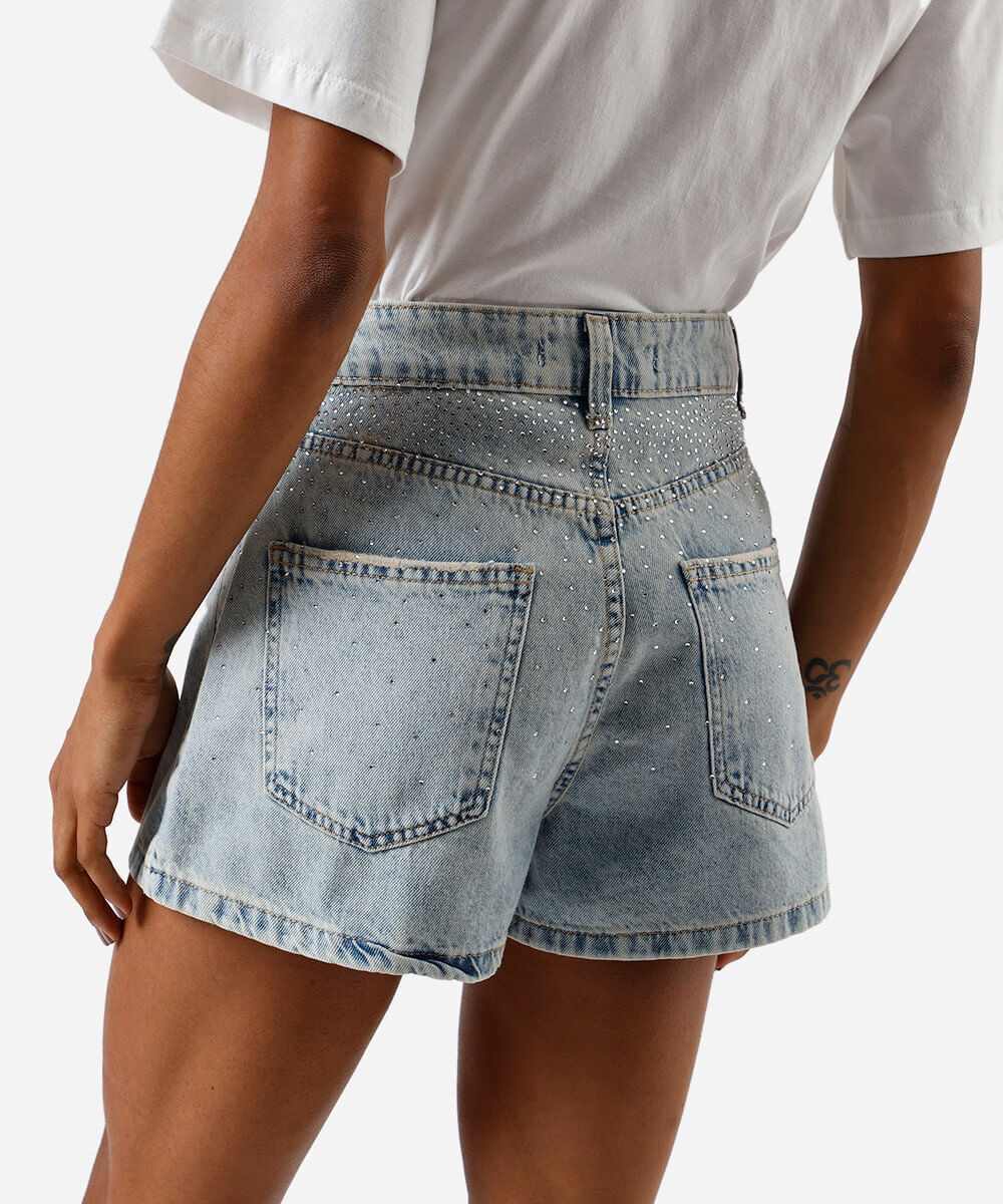 short feminino jeans cintura alta com brilhos azul