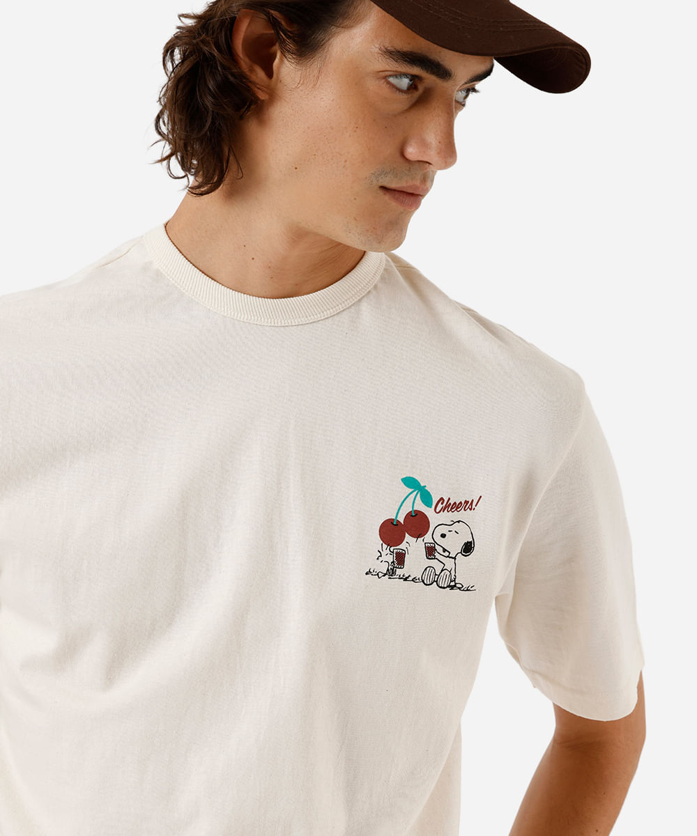 camiseta masculina de algodão snoopy off white