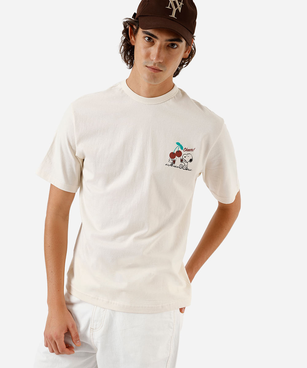 camiseta masculina de algodão snoopy off white