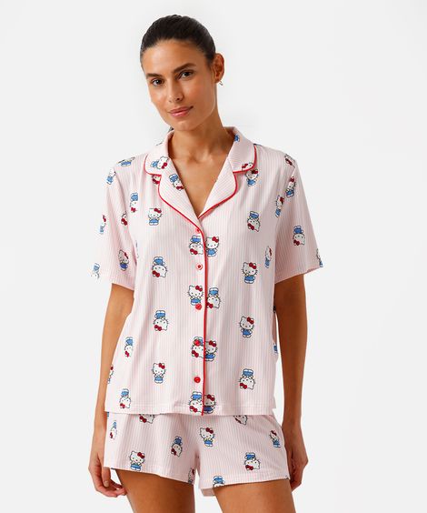 pijama curto americano feminino hello kitty listrado rosa