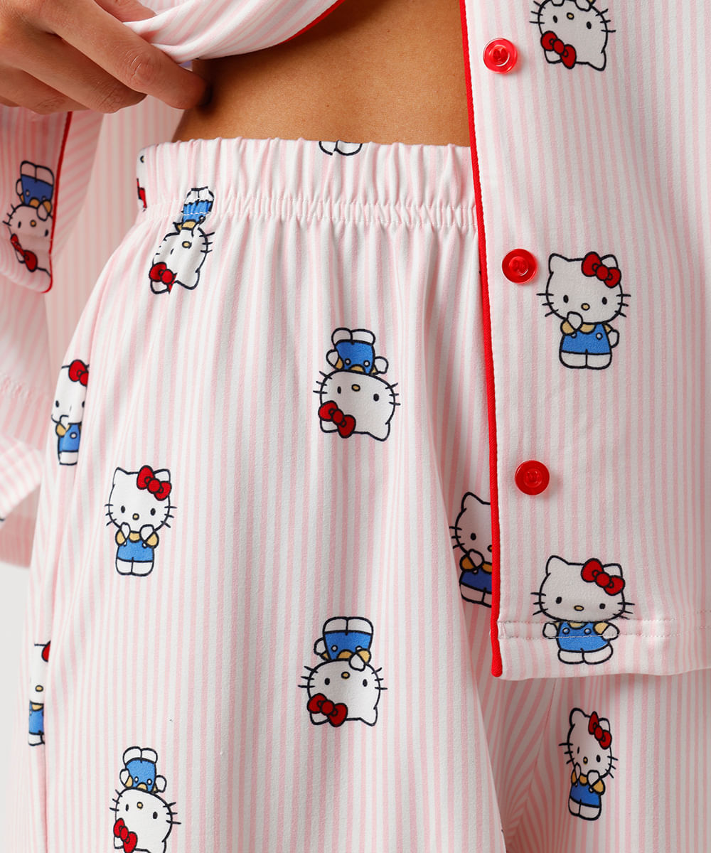 pijama curto americano feminino hello kitty listrado rosa