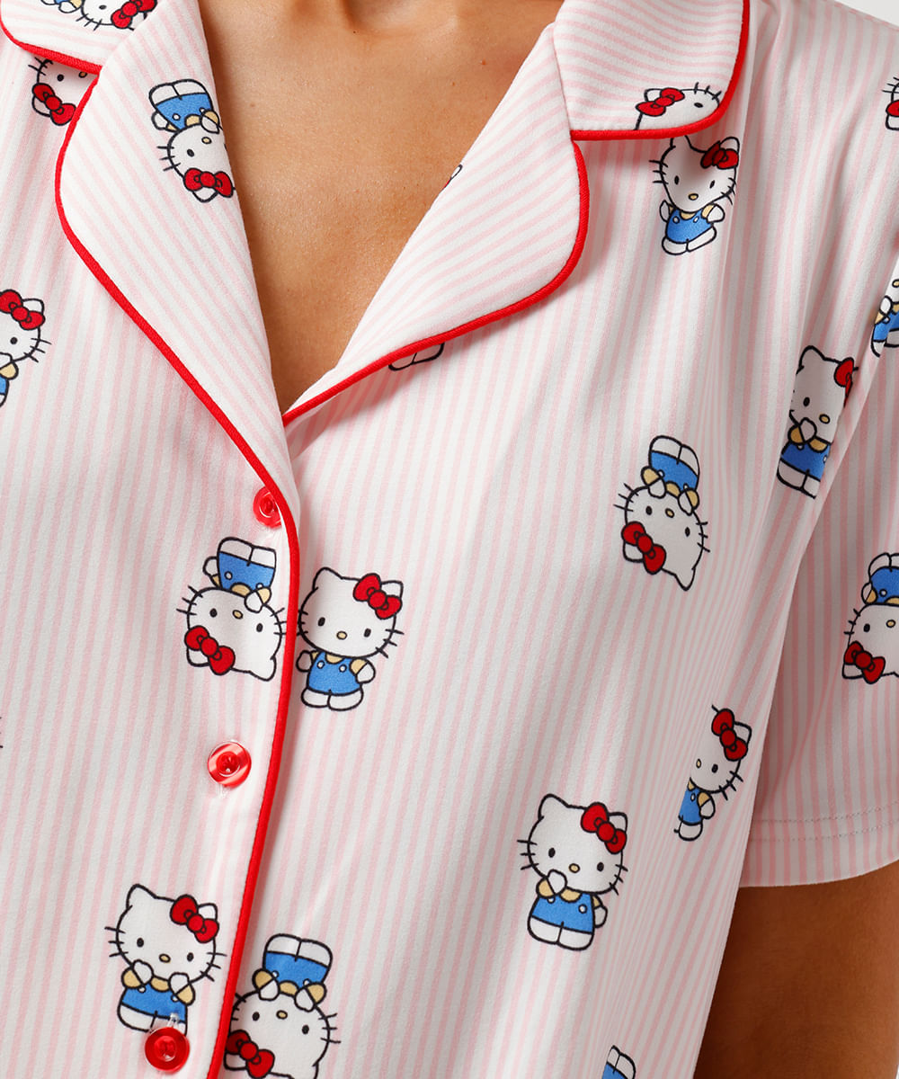 pijama curto americano feminino hello kitty listrado rosa