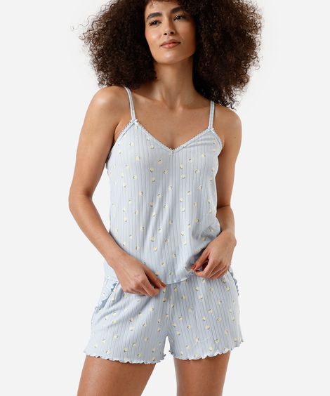 pijama short doll feminino alça fina canelado limões azul