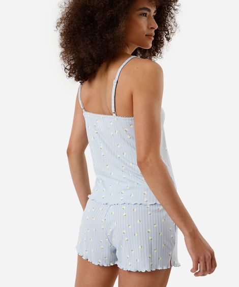 pijama short doll feminino alça fina canelado limões azul