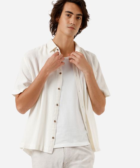 camisa masculina com linho e bordado manga curta off white