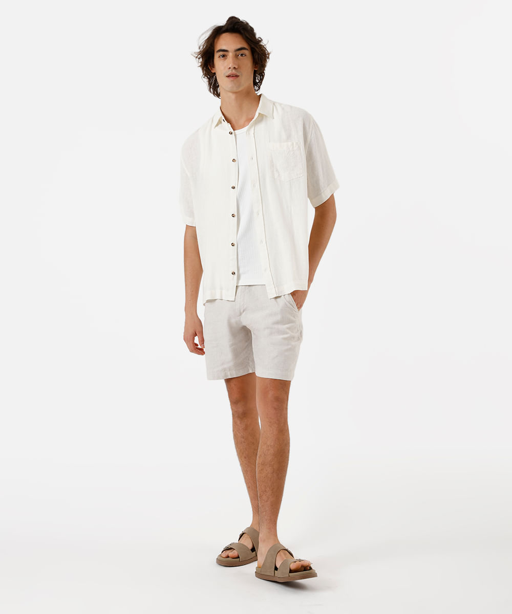 camisa masculina com linho e bordado manga curta off white