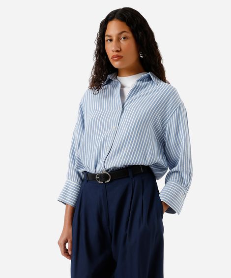 camisa feminina com linho listrada azul