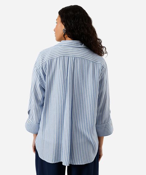 camisa feminina com linho listrada azul