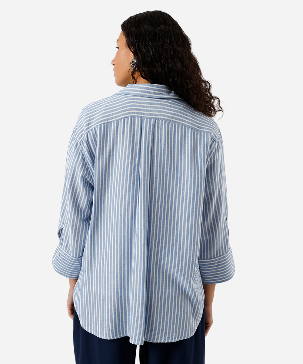 camisa feminina com linho listrada azul