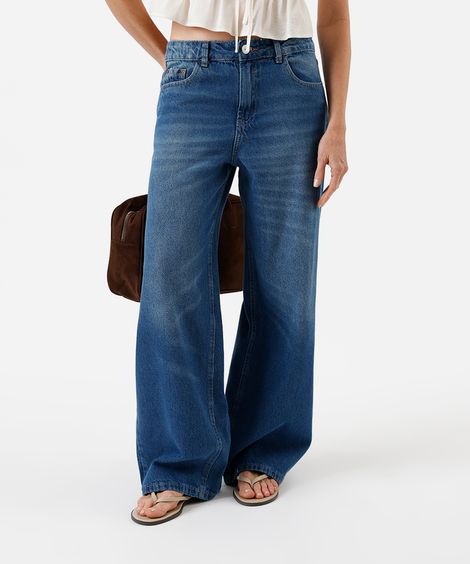 calça oversized feminina jeans cintura baixa azul