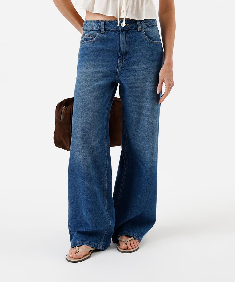 calça oversized feminina jeans cintura baixa azul