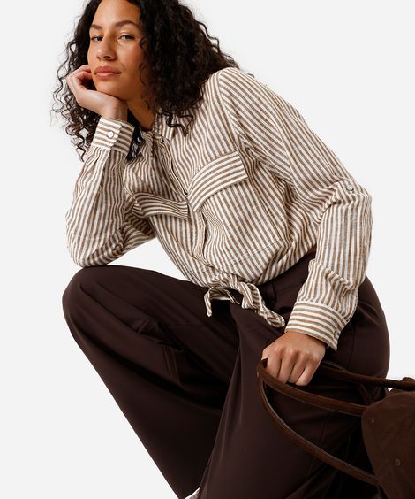 camisa feminina manga longa amarração listrada marrom