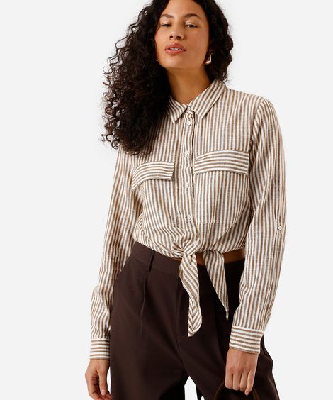 camisa feminina manga longa amarração listrada marrom