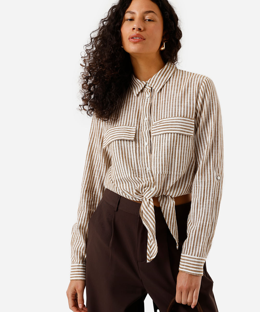 camisa feminina manga longa amarração listrada marrom