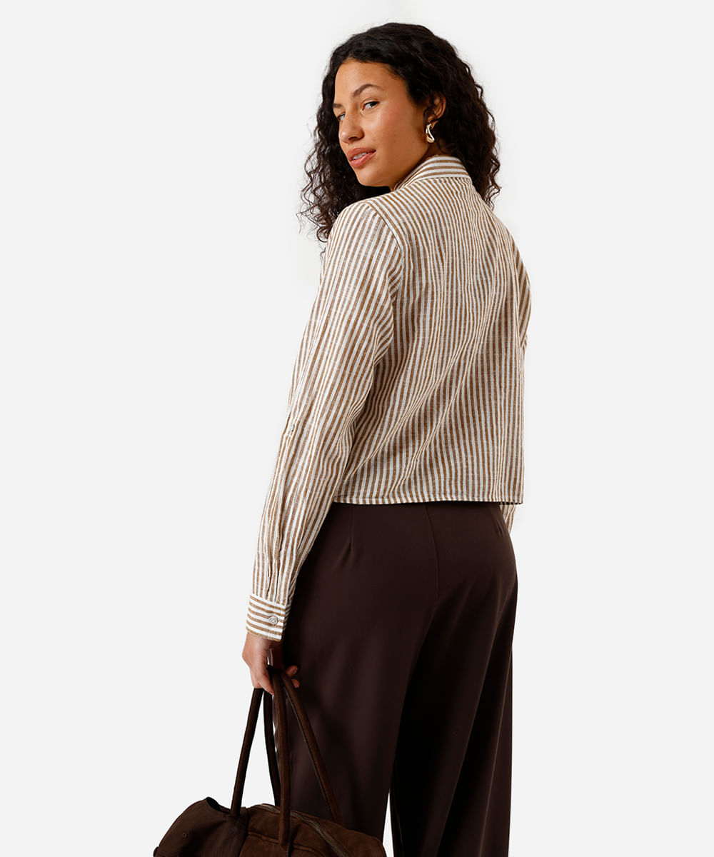 camisa feminina manga longa amarração listrada marrom