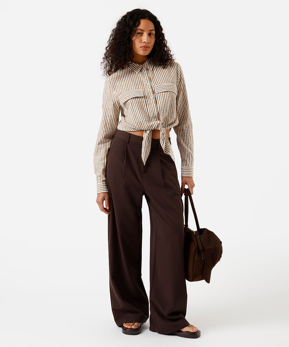 camisa feminina manga longa amarração listrada marrom