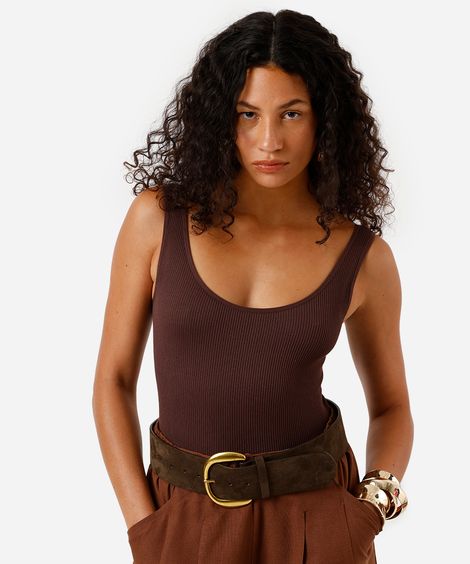 body básico feminino de poliamida canelado marrom