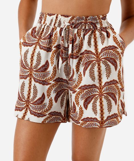 short feminino de viscose cós elástico folhagens - amarelo claro