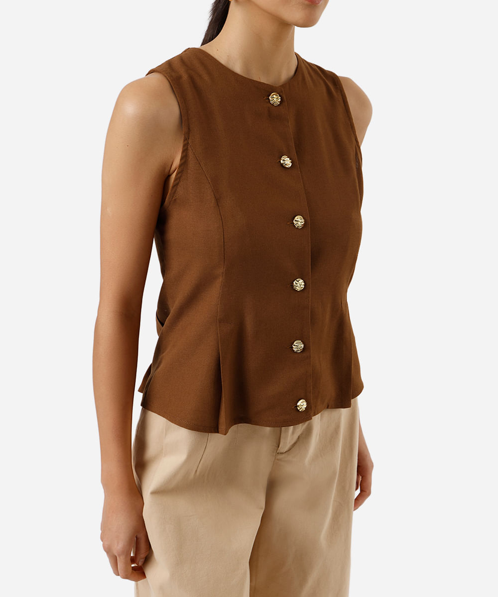 colete peplum feminino com linho marrom