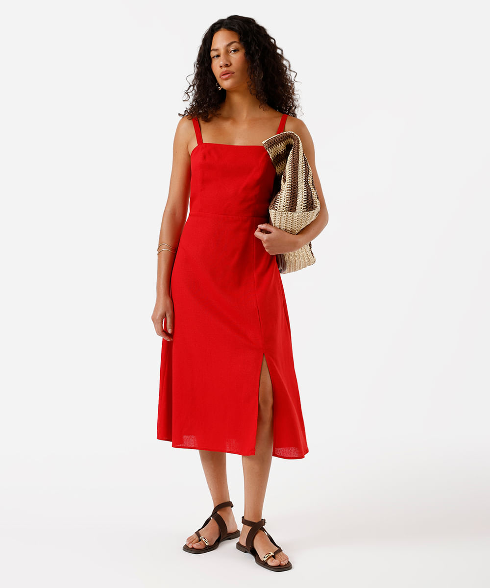vestido midi feminino com linho e fenda vermelho