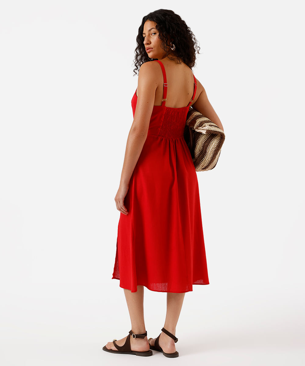 vestido midi feminino com linho e fenda vermelho