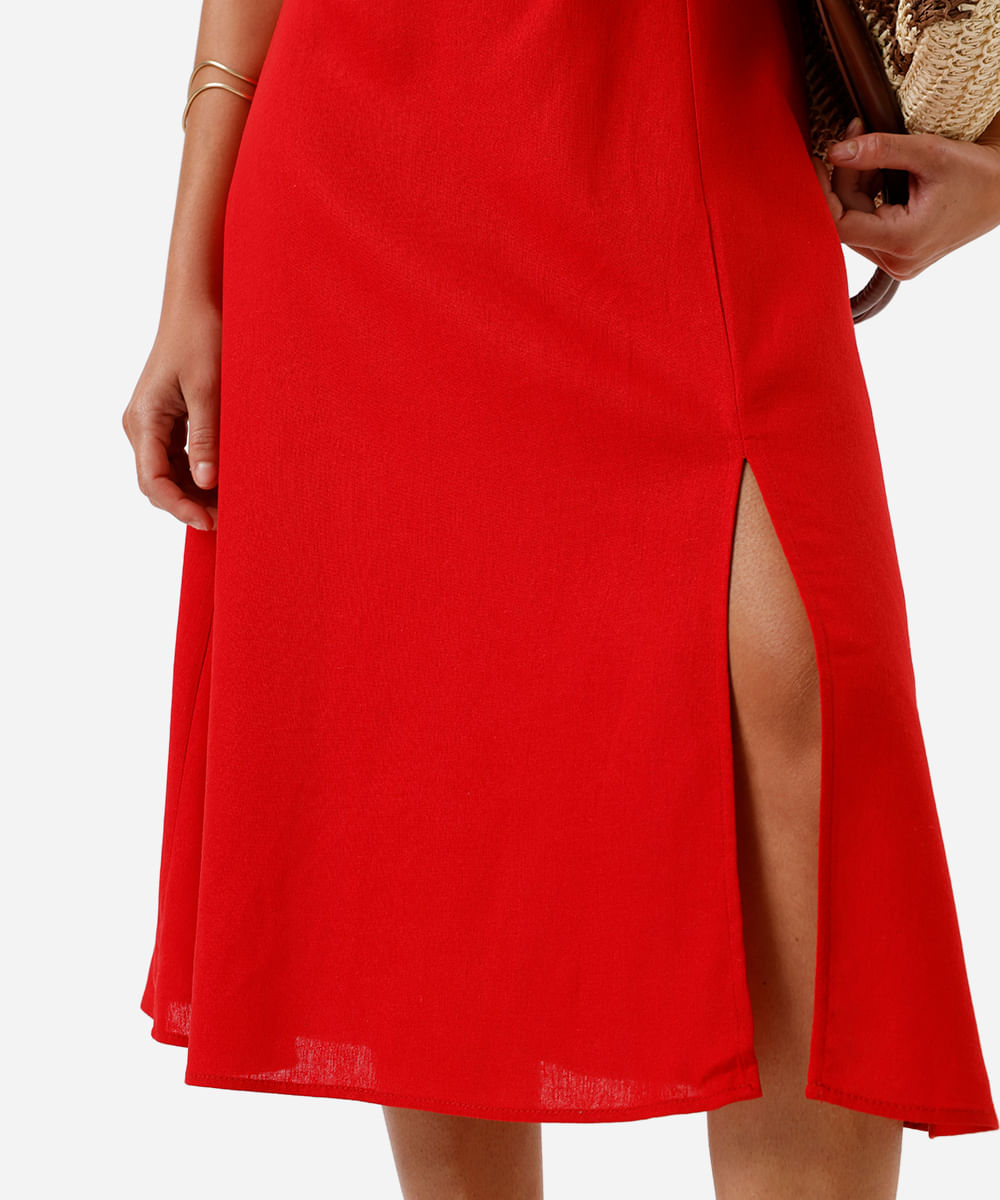 vestido midi feminino com linho e fenda vermelho