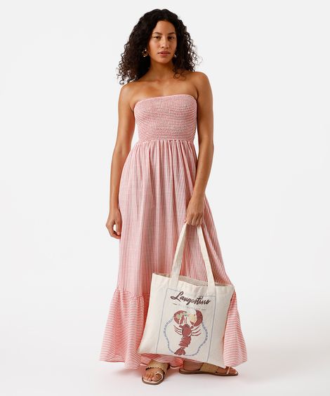 vestido longo sem alça feminino com viscose e recorte listrado vermelho