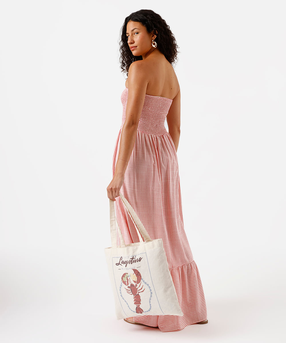 vestido longo sem alça feminino com viscose e recorte listrado vermelho