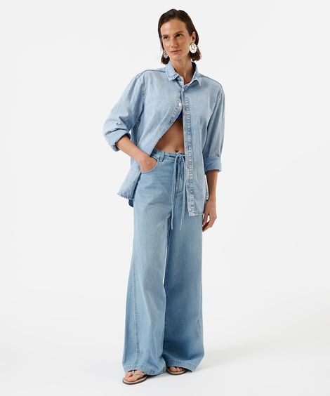 calça wide leg feminina jeans cintura média com cordão azul