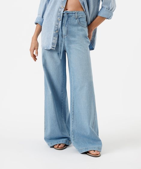 calça wide leg feminina jeans cintura média com cordão azul