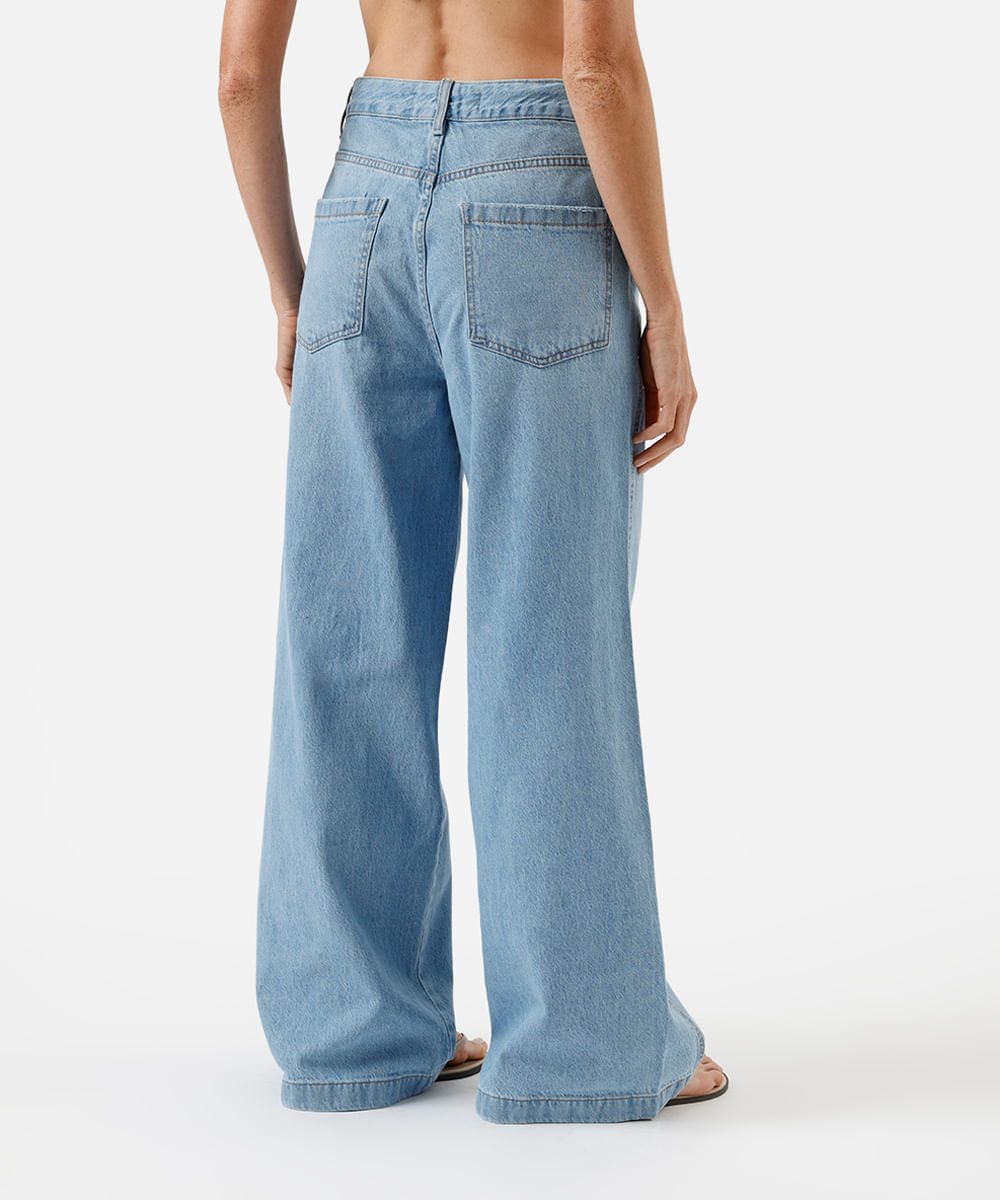 calça wide leg feminina jeans cintura média com cordão azul