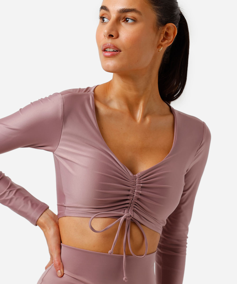 top feminino esportivo manga longa franzido rosa