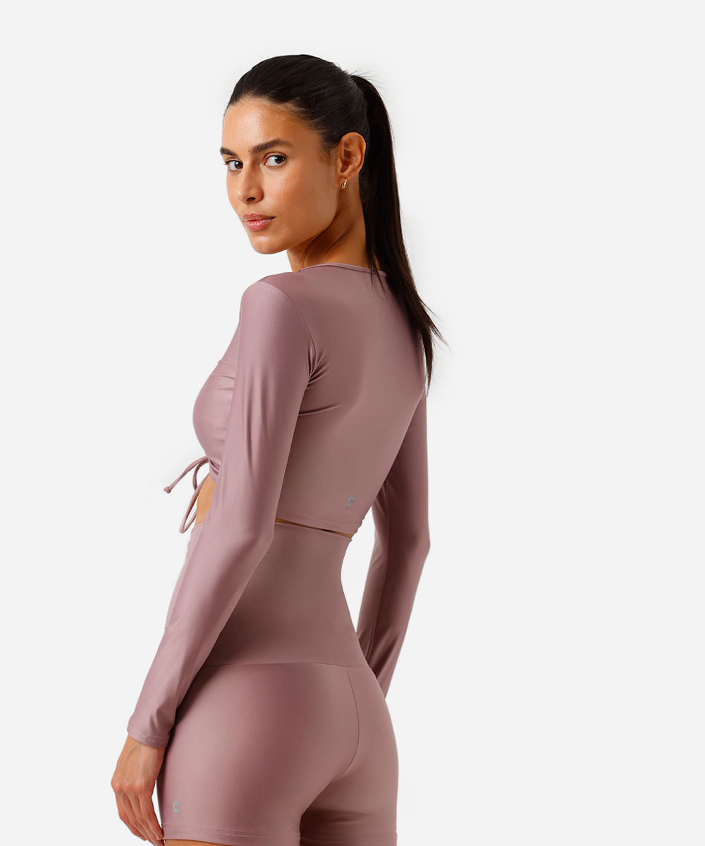 top feminino esportivo manga longa franzido rosa