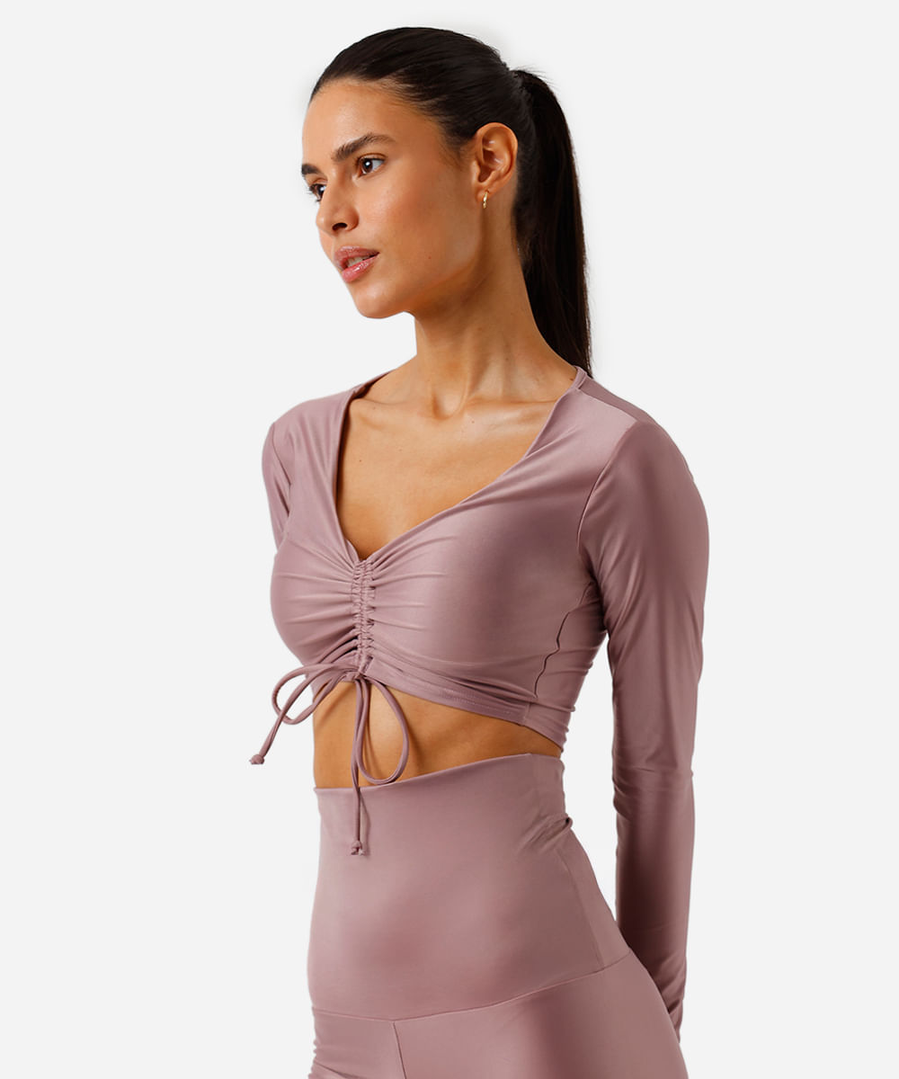 top feminino esportivo manga longa franzido rosa