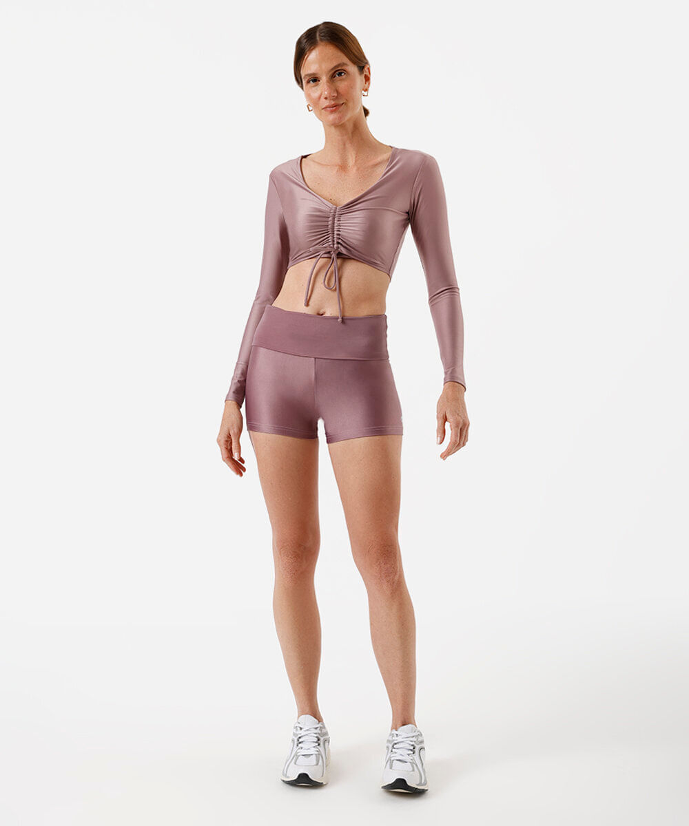 top feminino esportivo manga longa franzido rosa