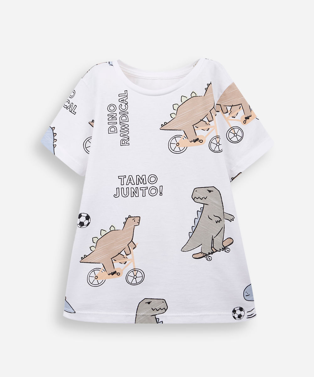 camiseta infantil de algodão dinos tamo junto off white