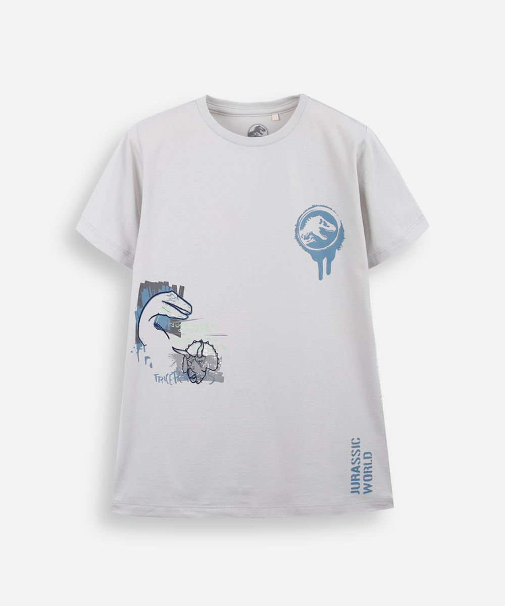 camiseta infantil de algodão jurassic park cinza