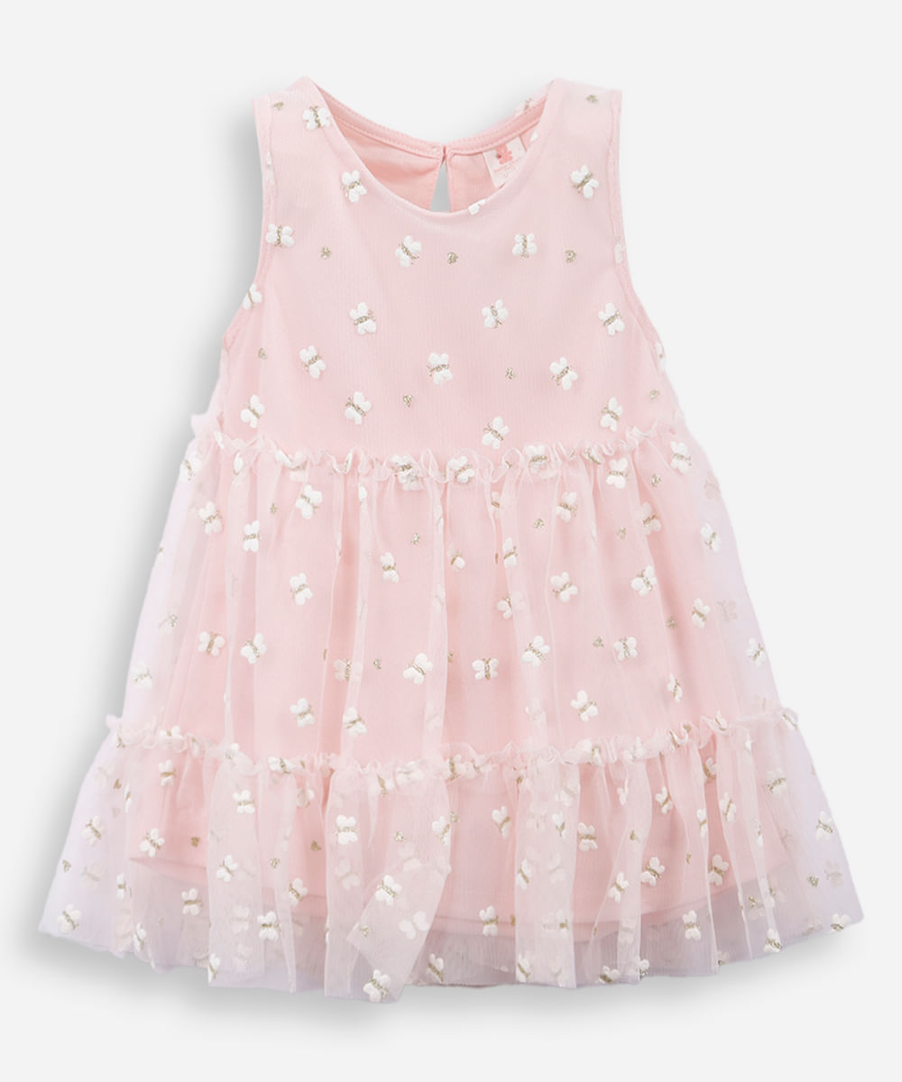 vestido infantil tule borboleta rosa